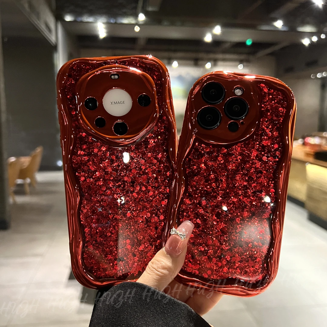 新年款苹果15华为mate60波浪边框细闪中国红iPhone13手机壳pro12