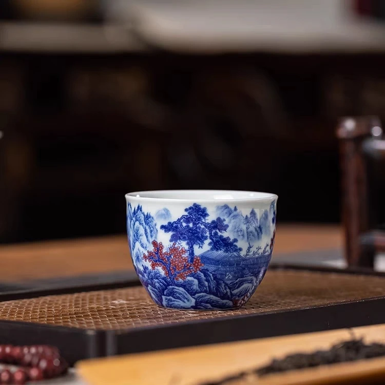 景德镇高端仿古泥青花釉里红山水家用泡茶三才陶瓷盖碗茶具茶杯