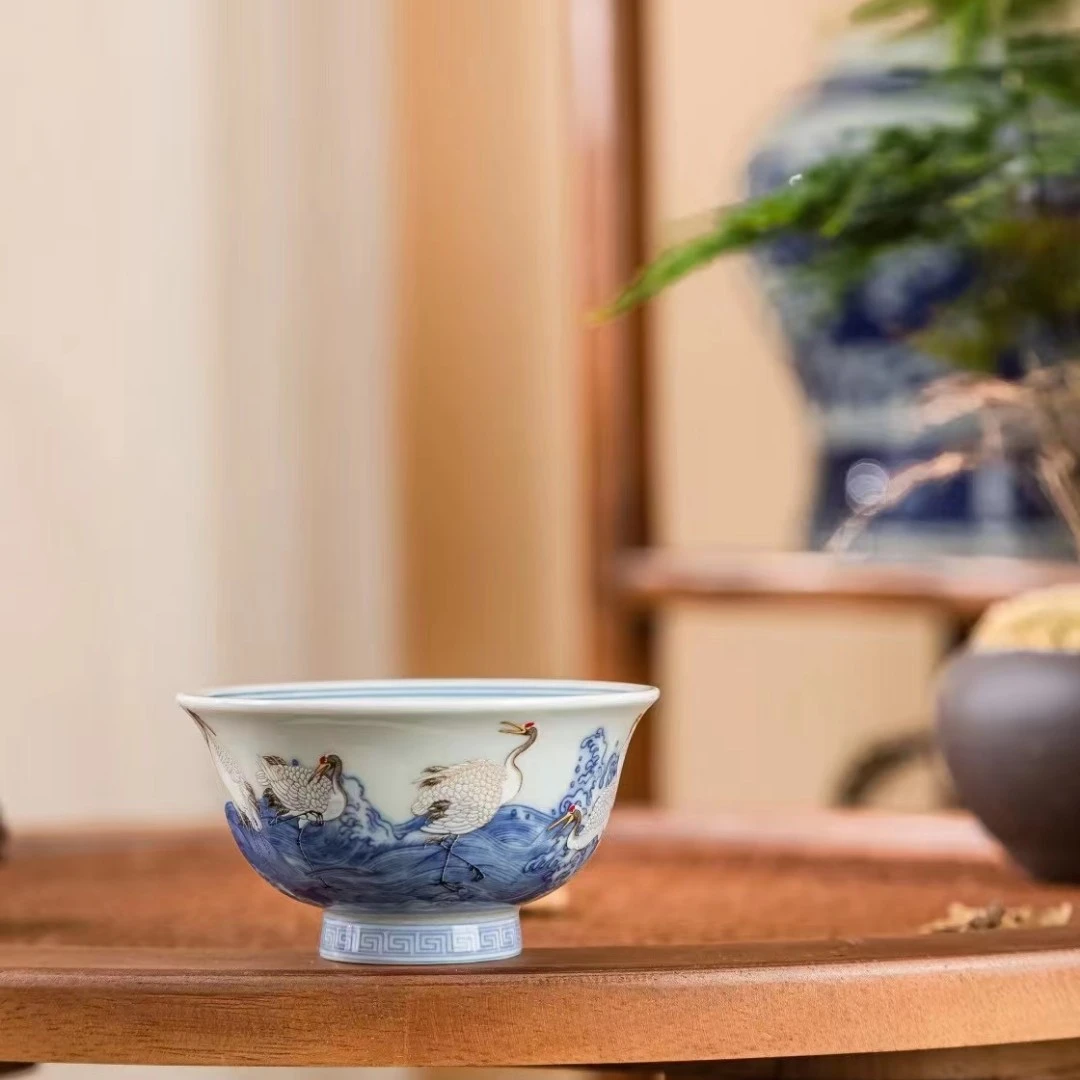 景德镇新款青花茶器仙鹤压手杯手工仿古单杯茶杯主人杯高端茶具