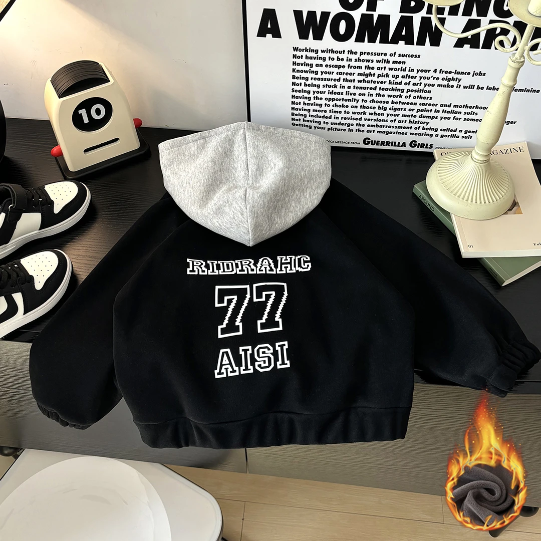 儿童秋冬加绒保暖连帽外套棉质拉链衫韩版洋气男女童外套童装