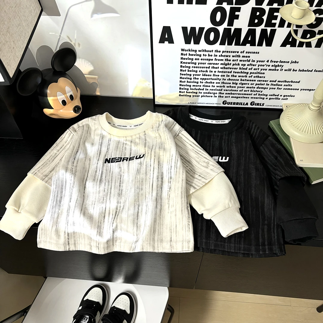 儿童秋季假两件T恤拼接韩版上衣男女童卫衣洋气百搭中大童