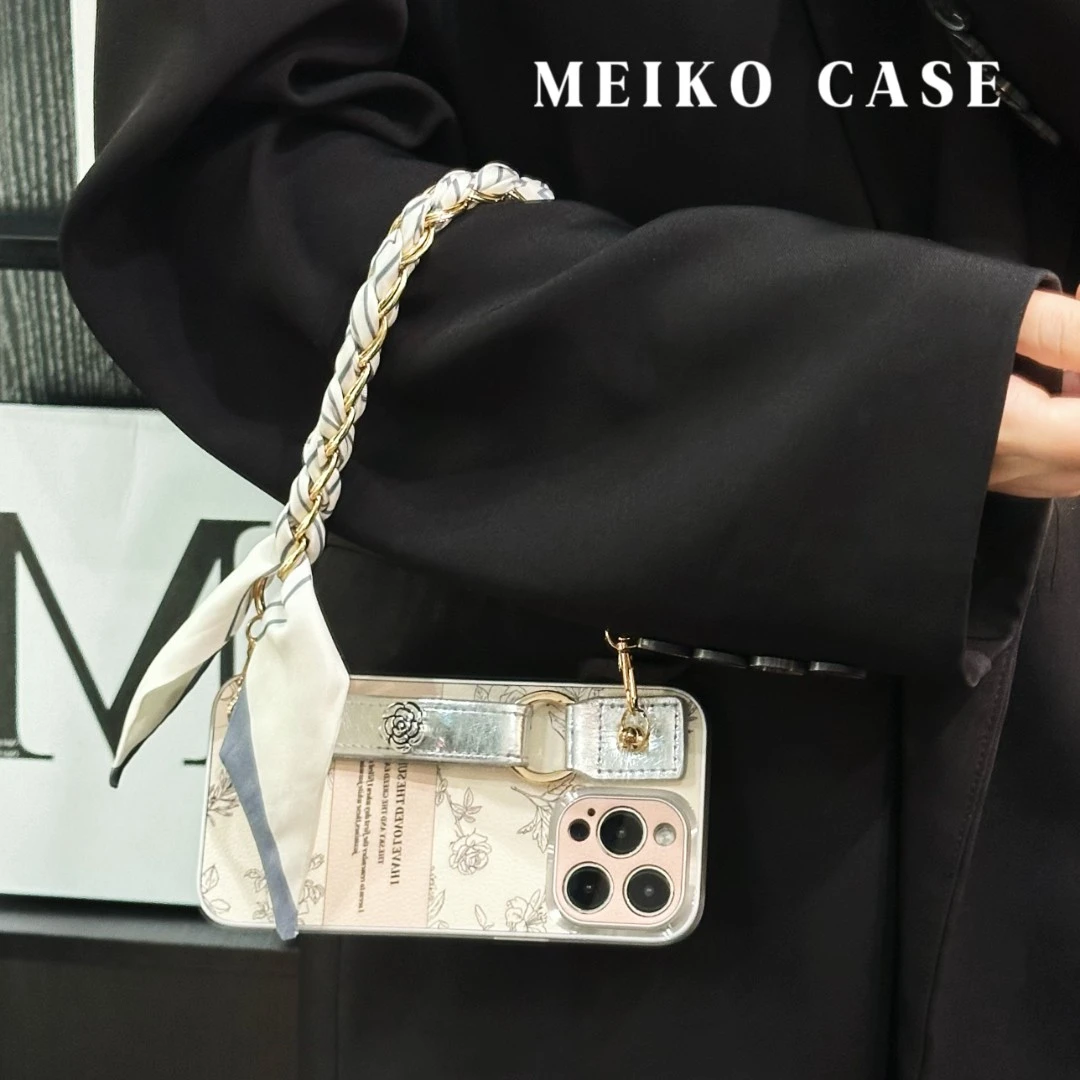 ins风小香风玫瑰花适用于苹果15pro max手机壳华为p70Pro丝巾手提