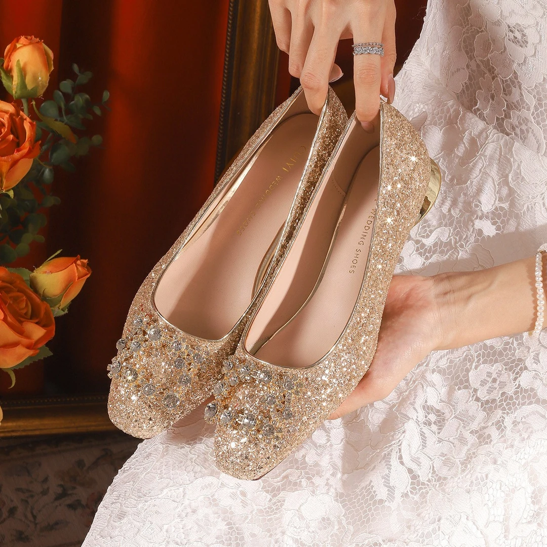 归艺平底女亮片新娘鞋2024年鞋子孕妇婚礼气质伴娘鞋香槟色不累脚