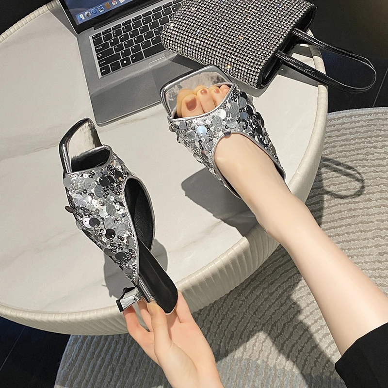 网红亮片高跟拖鞋女爆款2024新款夏季外穿百搭气质时尚方头凉拖鞋
