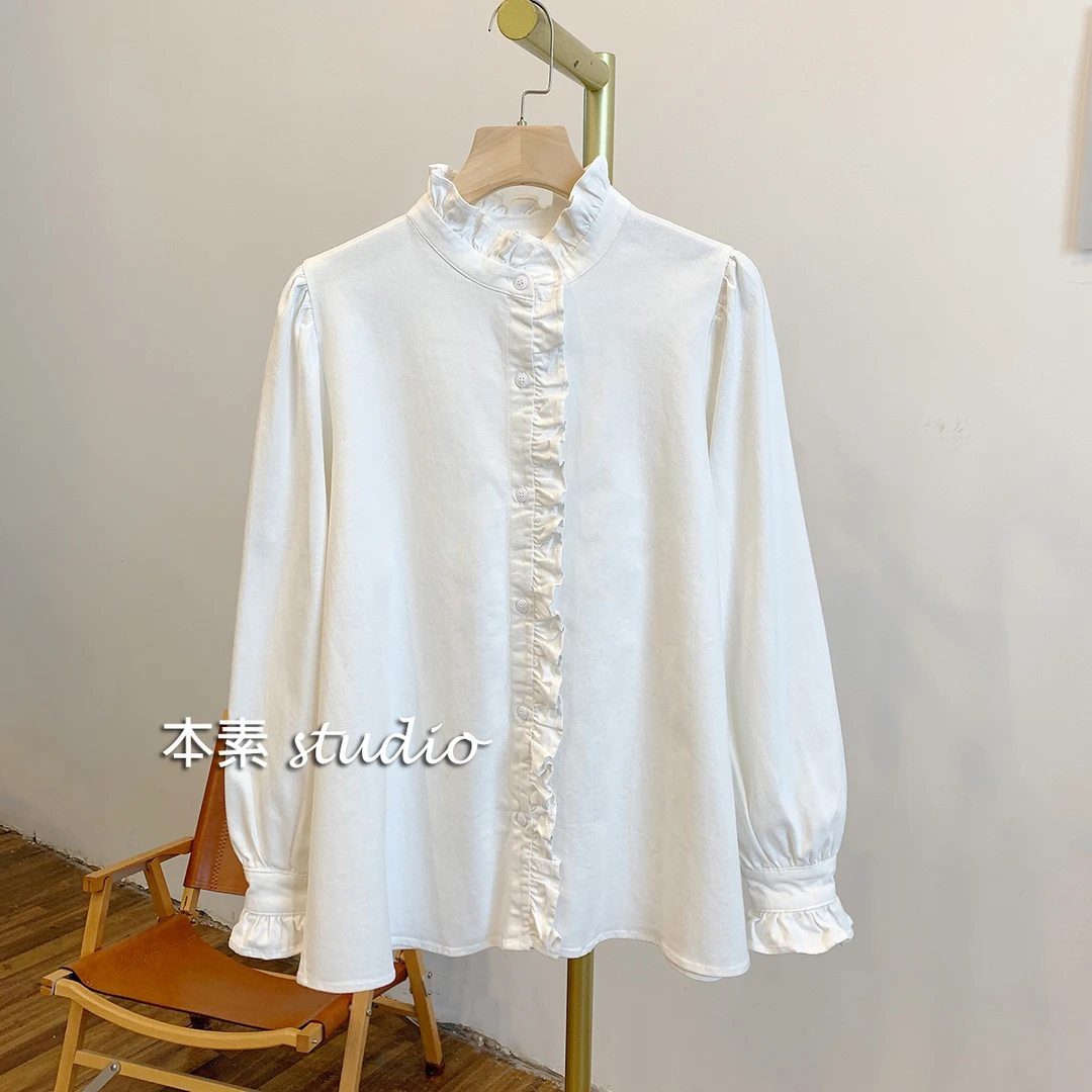 C2829磨毛全开扣木耳边立领衬衫