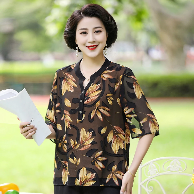 女装胖妈妈夏装加肥加大码时尚中年中袖衬衫夏季短袖上衣B3675