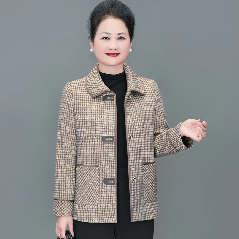 华太太大码春秋新款格子外套洋气舒适百搭中老年女装开衫C5026
