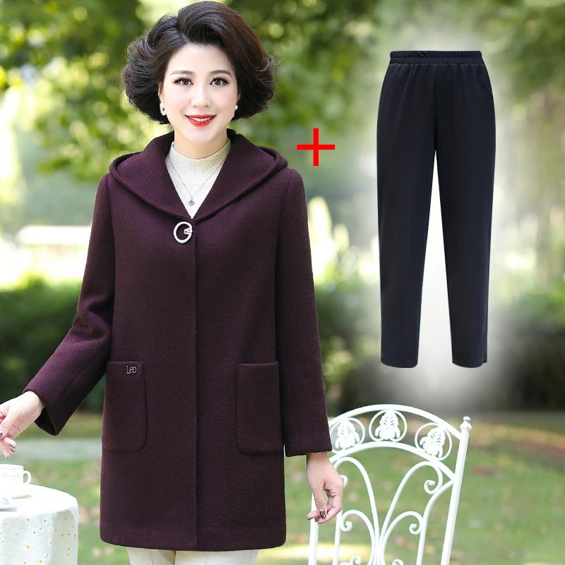 华太太加厚保暖大码毛呢外套春秋冬大衣服中长款中老年人女装2035