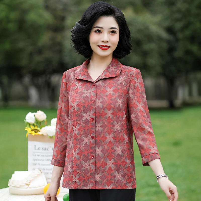 华太太中老年女装妈妈婆婆夏装大码衬衫高贵洋气宽松小衫B0527