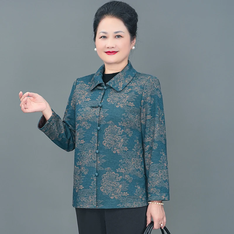 华太太中老年春秋女印花外套妈妈翻领女装新款奶奶装C5002