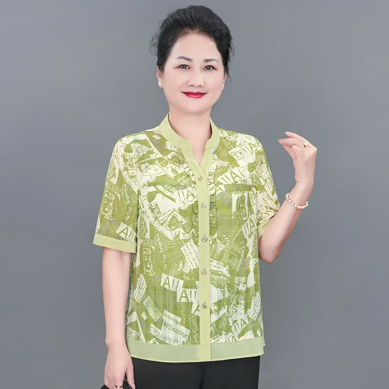 华太太中老年女装胖妈妈夏装大码新中式高贵洋气宽松小衫B0701