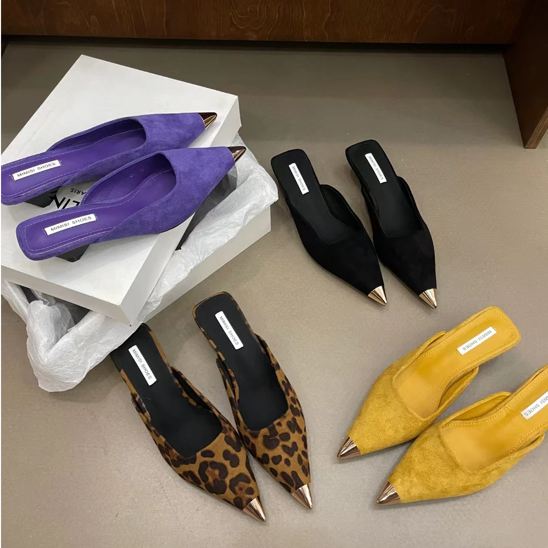 尖头绒面三角粗跟中跟拖鞋半拖鞋低跟洋气国潮包头半百搭小众鞋子