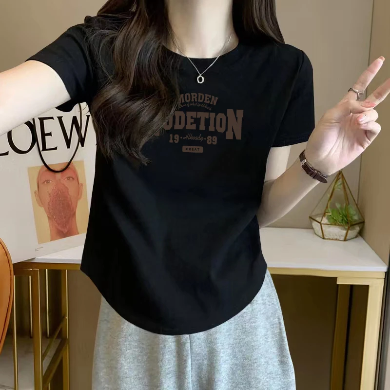 纯欲风辣妹洋气减龄修身显瘦短袖T恤女学生夏季韩版简约印花上衣