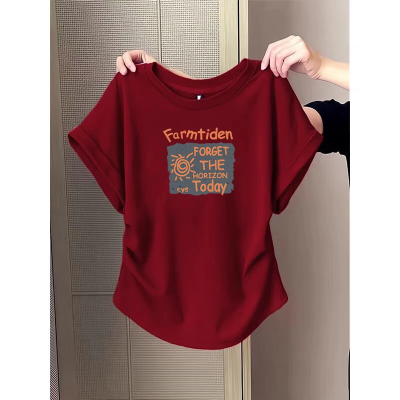 不规则圆弧下摆修身显瘦短袖T恤女士夏季纯欲风辣妹圆领抽褶上衣