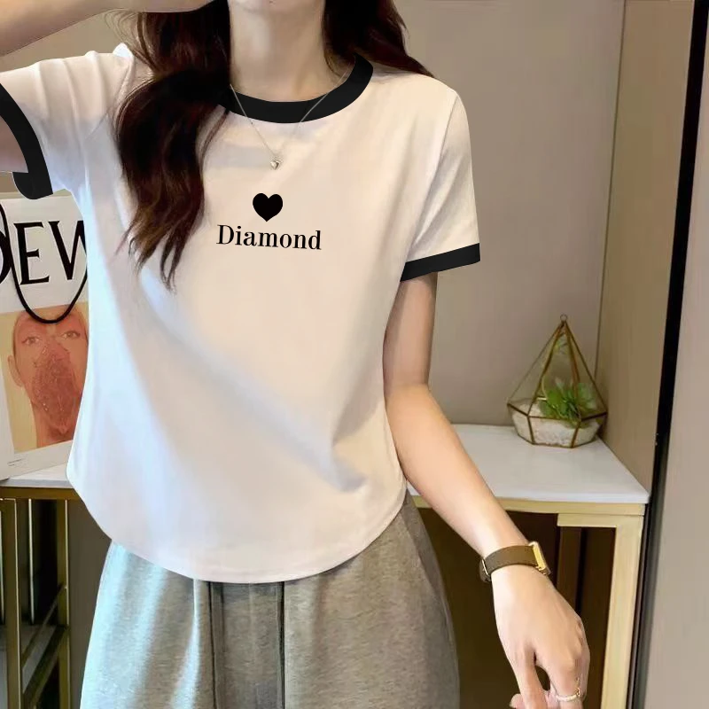 纯欲风辣妹修身显瘦短袖印花T恤女士夏季设计感圆弧下摆圆领上衣