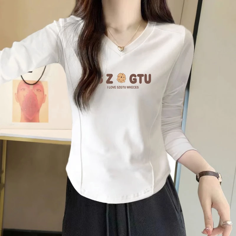 秋冬设计感圆弧下摆鱼骨纹V领T恤女士纯欲风辣妹修身显瘦印花上衣