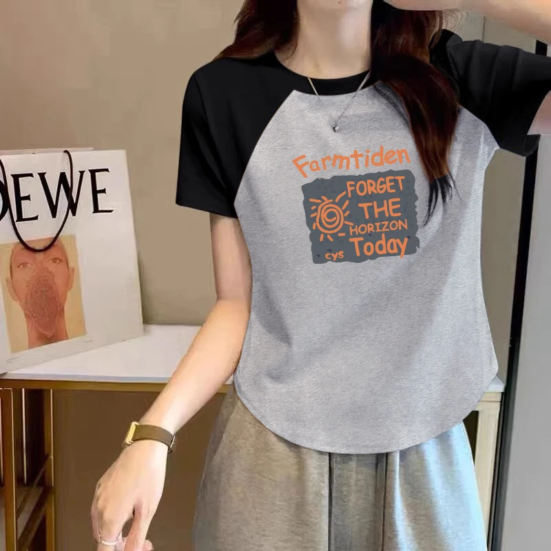 纯棉大码胖mm纯欲风辣妹短袖T恤女士夏季设计感小众印花圆领上衣