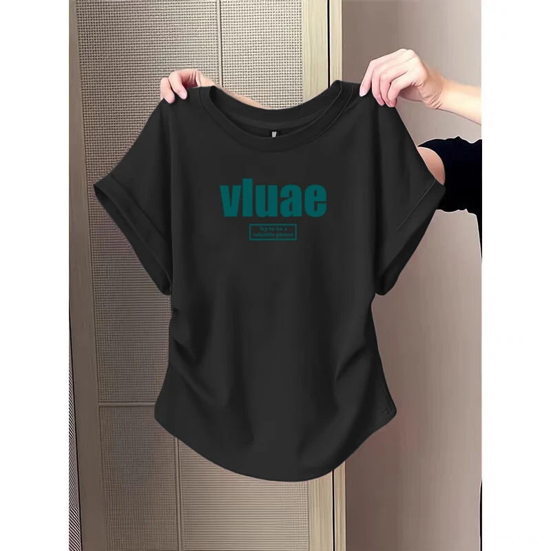 大码胖mm纯欲风辣妹修身显瘦短袖T恤女士夏季设计感圆弧下摆上衣