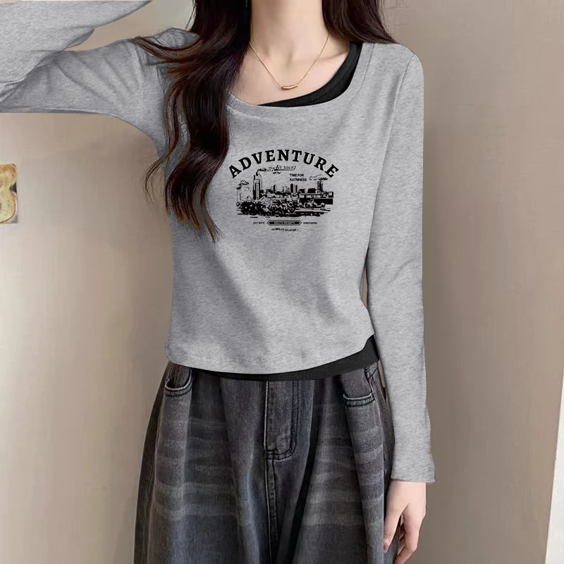 大码胖mm设计感拼接假两件长袖T恤女士春秋韩版简约短款方领上衣