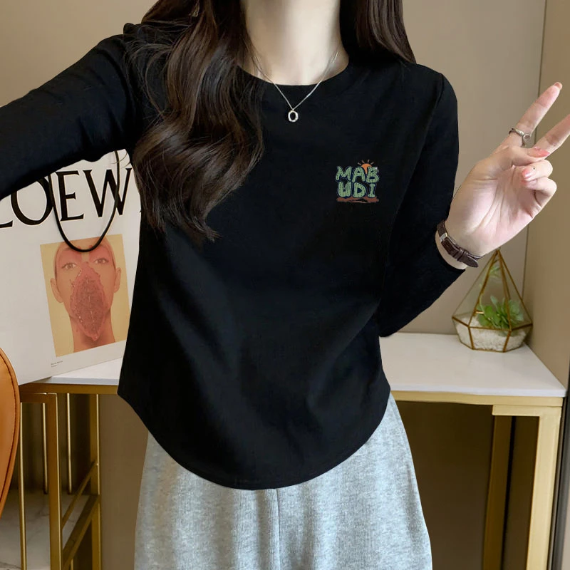 大码胖mm2024春秋新款修身百搭长袖T恤女士ins圆弧下摆打底衫内搭