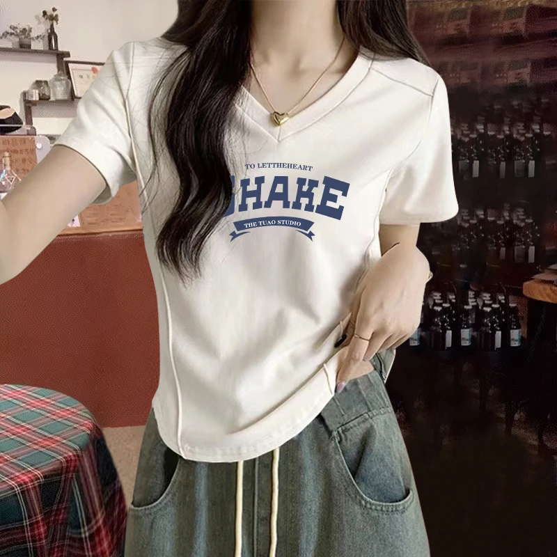 设计感小众鱼骨纹圆弧下摆正肩短袖T恤女学生夏季修身显瘦V领上衣