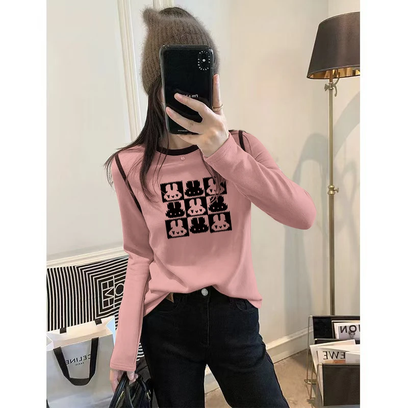 纯欲风辣妹修身显瘦长袖T恤女士秋冬双面德绒保暖印花打底衫内搭