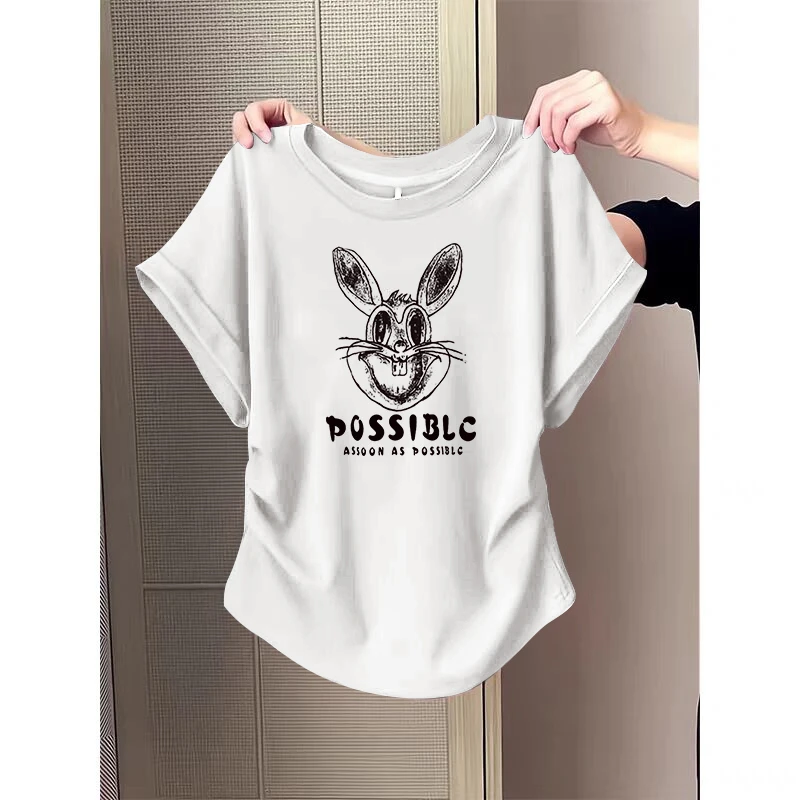 不规则圆弧下摆修身显瘦短袖T恤女士夏季纯欲风辣妹圆领抽褶上衣