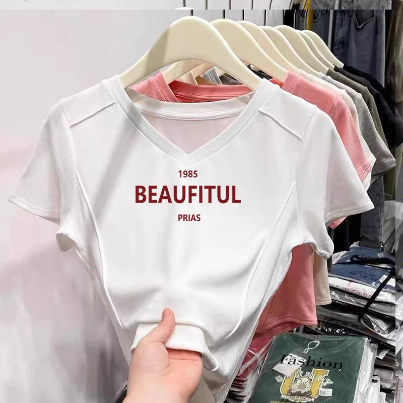 不规则圆弧下摆鱼骨纹短袖纯棉T恤女夏季设计感纯欲风辣妹V领上衣