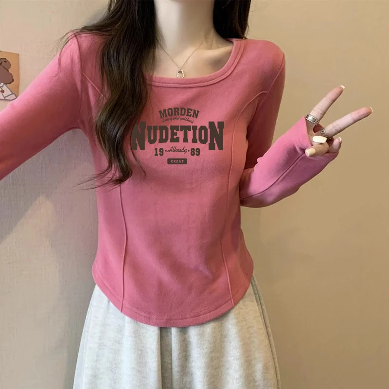 2024初秋新款时尚洋气减龄印花长袖T恤上衣女设计感小众修身内搭