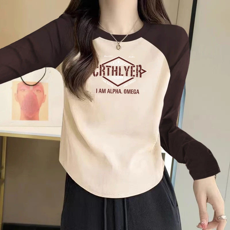 大码胖mm正肩长袖T恤女春秋2024新款设计感小众修身显瘦印花内搭