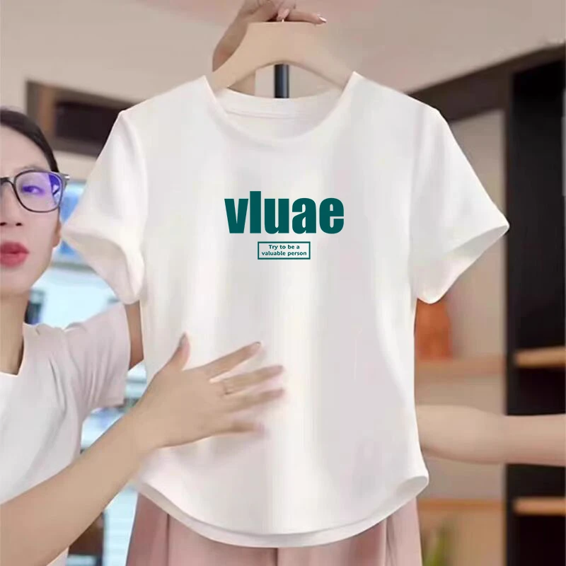 纯欲风辣妹修身显瘦短袖T恤女士夏季不规则圆弧下摆套头圆领上衣