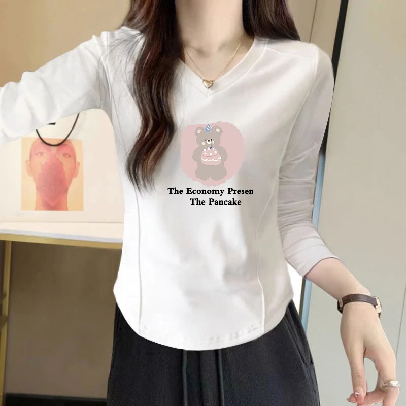 纯欲风辣妹修身显瘦长袖T恤女士秋季设计感圆弧下摆V领打底衫内搭