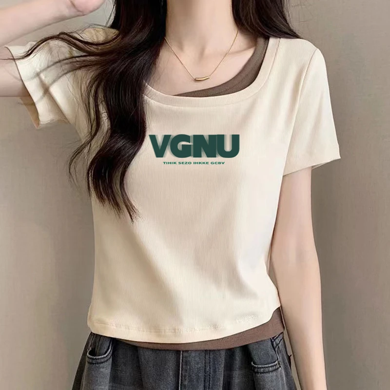 大码胖mm纯棉纯欲风辣妹修身显瘦短袖T恤女士夏季假两件方领上衣