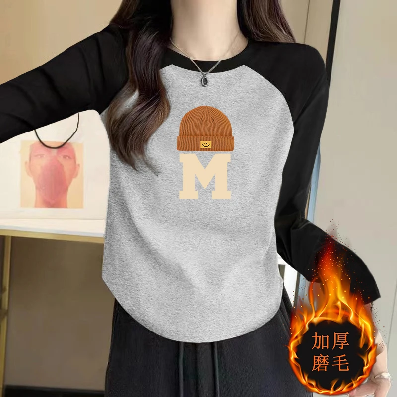 大码胖mm双面磨毛德绒保暖长袖T恤女士秋冬撞色插肩袖打底衫内搭