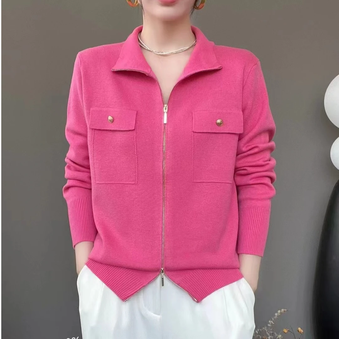 女士夏季拉链胸前两口袋针织衫3321