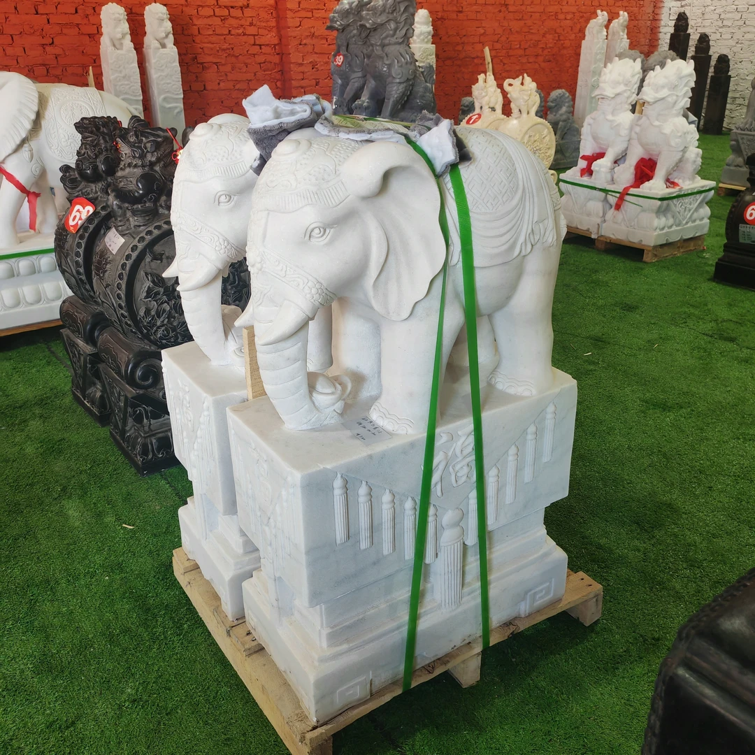 汉白玉大象门墩抱鼓石福气中式大象抱鼓石天然石雕厂家曲阳