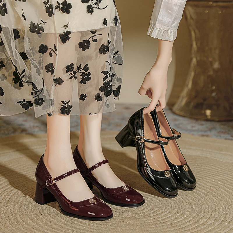 34-40码 5.5CM 法式玛丽珍鞋女百搭圆头山茶花粗跟单鞋赫本风
