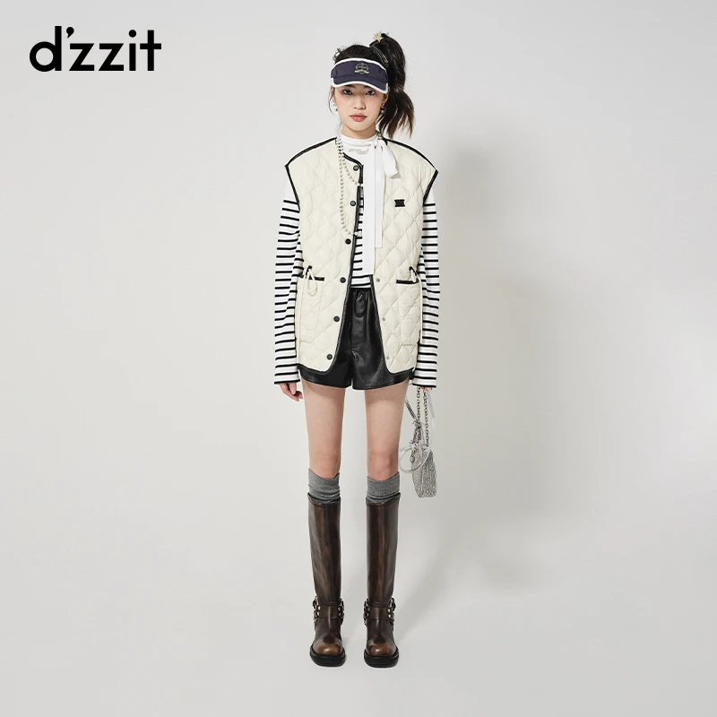 dzzit地素轻羽绒马甲春秋抽绳收腰撞色包边热力感外套女3H3K101