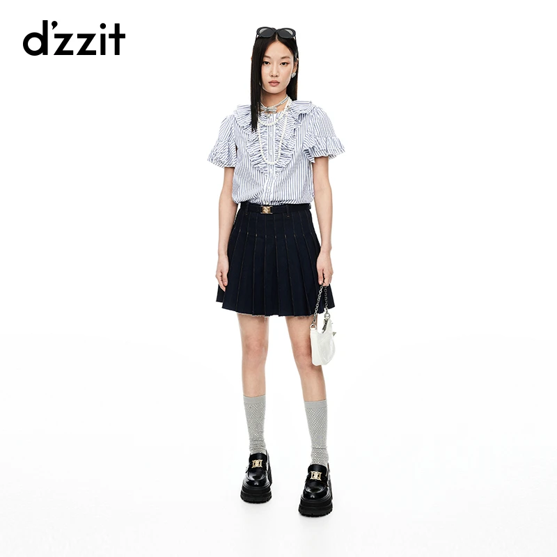 dzzit地素半身裙夏季甜酷少女毛边设计深蓝色牛仔百褶裙女3I2RI20