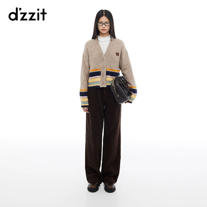 dzzit地素针织衫雅丹绮彩条纹羊毛混纺V领开衫女3I4E561