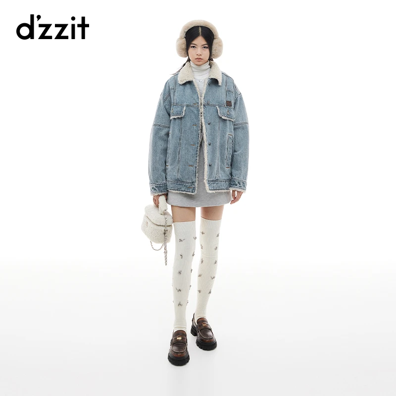 dzzit地素短外套冬季做旧水洗摇粒绒饰边牛仔外套女3I4RB19