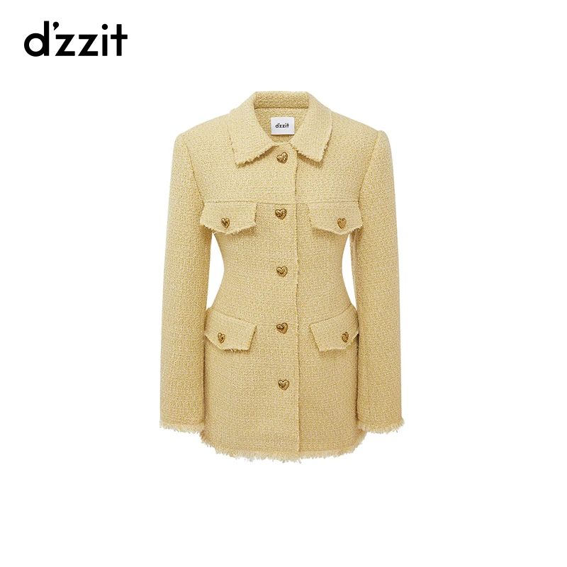 dzzit地素粗花呢外套春秋小香风爱心纽扣毛边收腰外套3H1F422