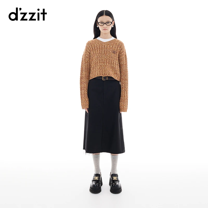 dzzit地素长袖针织衫冬季雅丹风羊毛混纺短款上衣女3I4E458