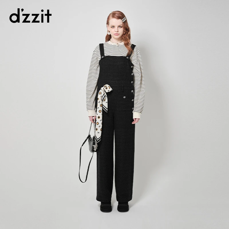 dzzit地素粗花呢背带裤秋冬小香风深蓝色宽松直筒长裤女3H4P601