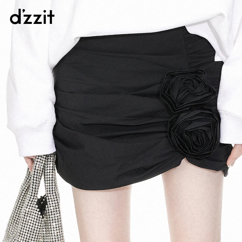 dzzit地素立体花朵半裙春秋法式浪漫褶皱短裙女雅丹风3I1S230