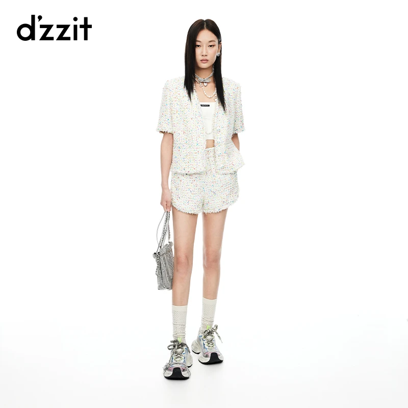 dzzit地素短外套夏季小香风粗花呢设计短袖上衣3I2F412