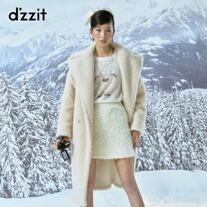 dzzit地素毛呢外套冬季老钱风茧型翻领颗粒绒中长大衣3I4G306