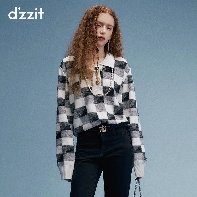 dzzit地素长袖针织衫春秋黑白格纹棋盘格Polo领格雷系上衣3H3E418