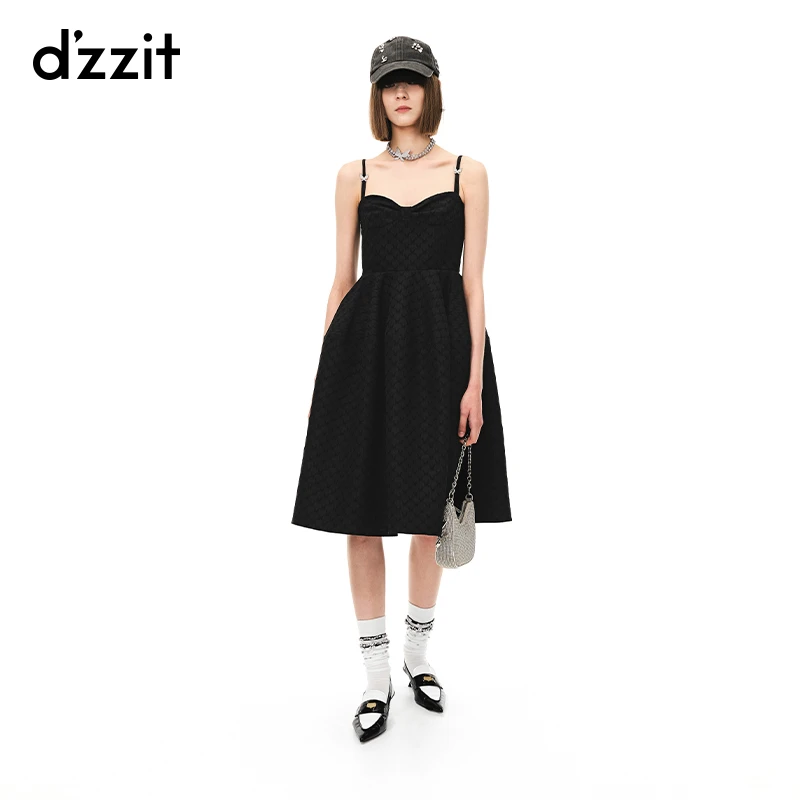 dzzit地素夏秋甜酷少女蝴蝶提花裹胸设计吊带小黑裙连衣裙3H2O103
