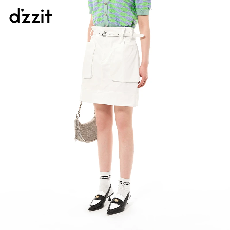 dzzit地素夏季时尚大口袋工装风配腰带短裙女百褶半身裙3H2S221